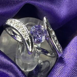 Elegant Amethyst & Zircon Silver Plated Statement Ring – Size 8